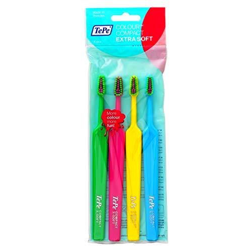 TePe Colour Compact x-Soft – Set de 4 cepillos de dientes para niños y adultos – Cepillo de dientes manual de textura extra suave – Kit de limpieza dental en colores variados