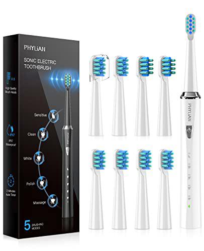 Cepillo de dientes eléctrico Sonic para adultos, cepillo de dientes blanqueador recargable con 8 cabezales de cepillo Duponts