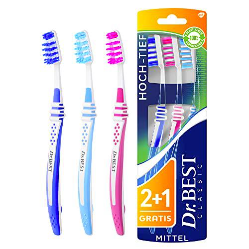Dr.BEST Cepillo de dientes alto y profundo, medio, paquete económico (2 + 1 unidades gratis)