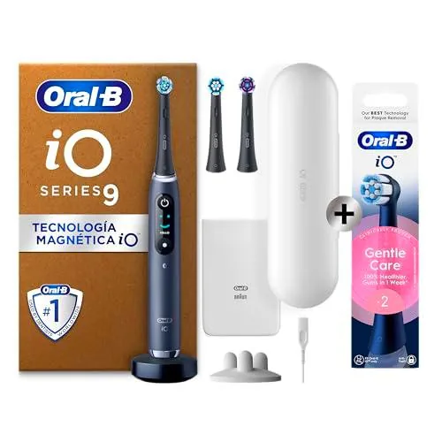 Oral-B iO 9 Cepillo de Dientes Eléctrico Negro Con Estuche Cargador de Viaje Blanco + 5 Cabezales De Recambio Negros Oral-B iO de Oral-B
