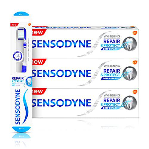 Sensodyne Crema dental para reparar y proteger sensible (paquete de 3) y kit de régimen de cepillo de dientes