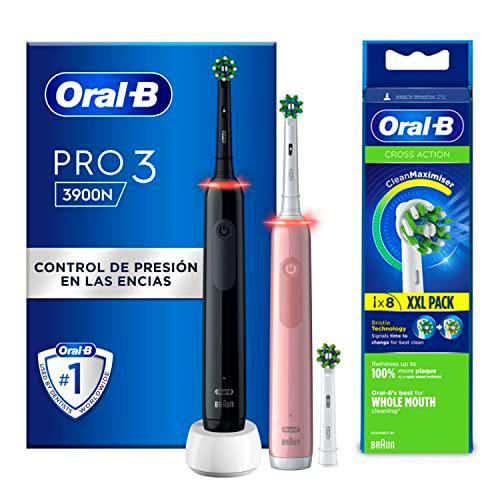 Oral-B PRO 3 Cepillos de Dientes Eléctricos (Pack de 2) Negro y Rosa con 2 Mangos Recargables y Sensor de Presión Luminoso