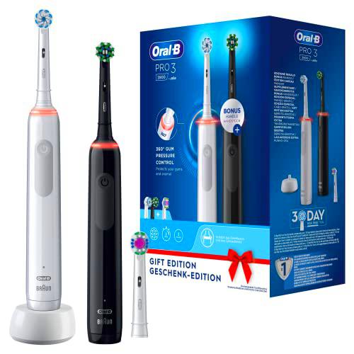 Oral-B Pro 3 3900 Lot de 2 brosses à dents électriques et 3 brosses à dents Avec 3 Modes de brossage et contrôle visuel à 360º pour soins dentaires