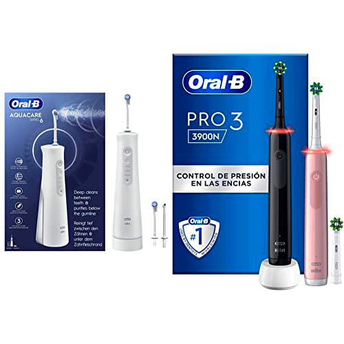 Oral-B Aquacare Pro-Expert Irrigador Dental Inalámbrico Con Tecnología Oxyjet &amp; Pro 3 3900N Cepillos de Dientes Eléctricos (Pack de 2) con Mangos Recargables Negro y Rosa