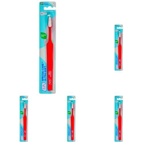 TePeSpecial Care Cepillo de dientes ultra-suave/Cepillo manual para tejido bucal sensible/Indicado para uso post-operatorio/Tamaño regular/Color rojo (Paquete de 5)