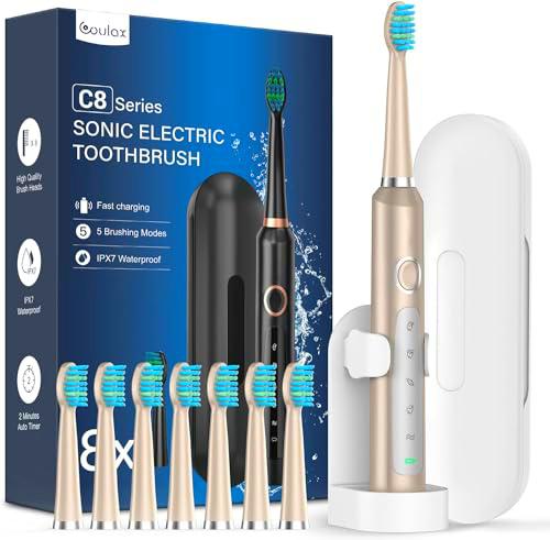 Cepillo de dientes eléctrico para adultos y niños, cepillos de dientes sónicos con 8 cabezales de cepillo y estuche de viaje para cepillo de dientes (dorado)