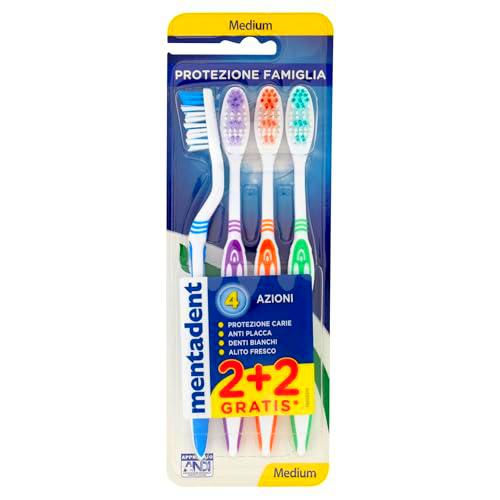 Mentadent Cepillo de dientes mediano 4 acciones, 1 paquete de 4 cepillos