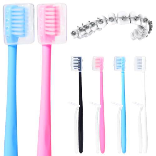 Y-Kelin Cepillo de dientes ortodóntico en forma de V para soportes de ortodoncia 4 unidades (paquete de 1) cerdas suaves con cepillo dental interno