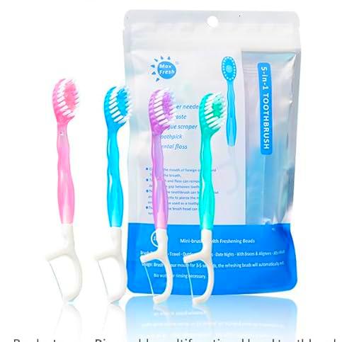 12PCS Mini Cepillo Dientes Viaje Portátil, 5 en 1 Cepillos de Dientes Desechables con Pasta