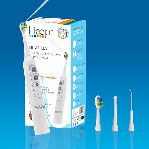 Haepi Julia - Cepillo de dientes eléctrico sónico 3 en 1 | Cepillado + Jet interdental + Descalcificación | 48.000 vibraciones/min | Recargable USB | Para encías sensibles y portadores de aparatos