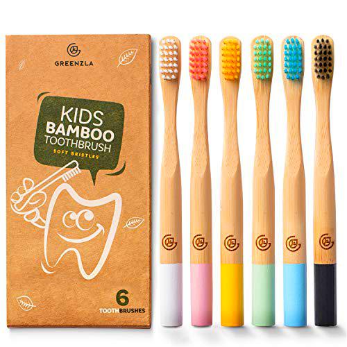 Greenzla Juego de Cepillos de dientes de bambú para niños (Kit de 6) | Cerdas suaves sin BPA | Cepillos naturales y ecológicos | Biodegradables y compostables