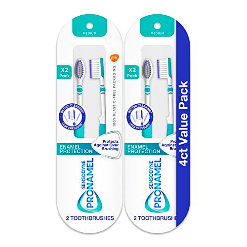Sensodyne Pronamel Cepillo de dientes mediano, proporciona protección contra el esmalte dental y limpia mejor con menos presión, 4 unidades