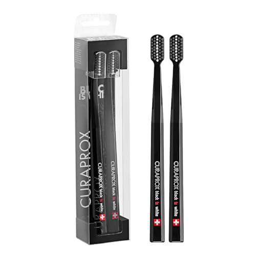 Curaprox Cepillo De Dientes Doble - Para Adultos | Elegantes Cepillos De Dientes Negros Con Filamentos Ultrasuaves | Apto Para Blanqueamiento Dental | Negro/Negro | Pack De 2