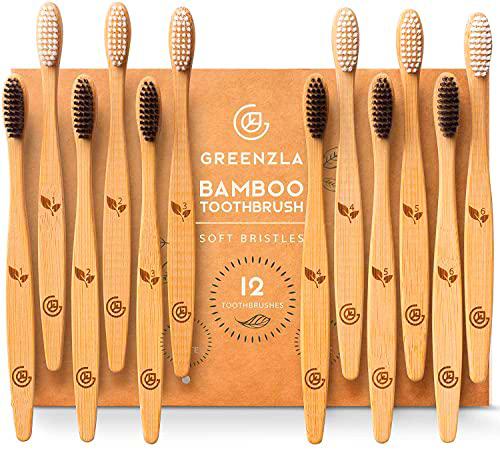 Greenzla Cepillos de Dientes de Bambú (Kit de 12) | cerdas suaves sin BPA | natural y ecológico | Biodegradables y compostables
