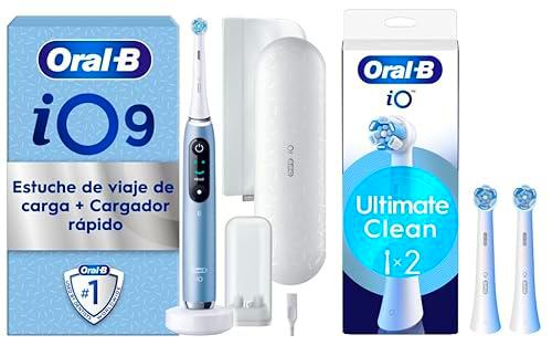 Oral-B iO 9 Cepillo de Dientes Eléctrico Aqua Marine Con Estuche Cargador de Viaje + 3 Cabezales De Recambio Blancos Oral-B iO Ultimate Clean