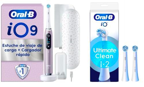 Oral-B iO 9 Cepillo de Dientes Eléctrico Rosa Con Estuche Cargador de Viaje + 3 Cabezales De Recambio Blancos Oral-B iO Ultimate Clean