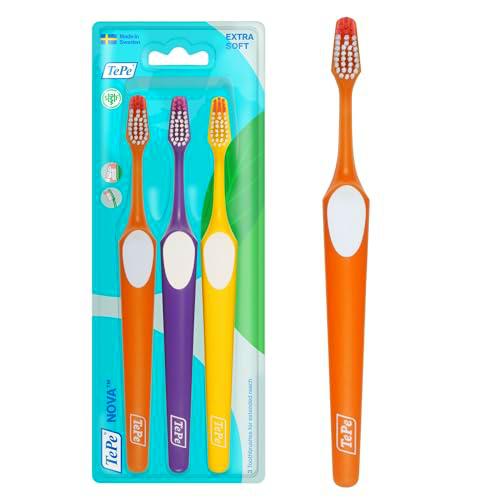 Cepillo de dientes TePe Nova, Extra Suave, 3 ud., punta más larga para mejor acceso a los dientes posteriores